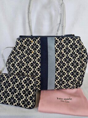 KATE SPADE New York Handbag Flower Jacquard Stripe Blue Large Tote Purse NWT